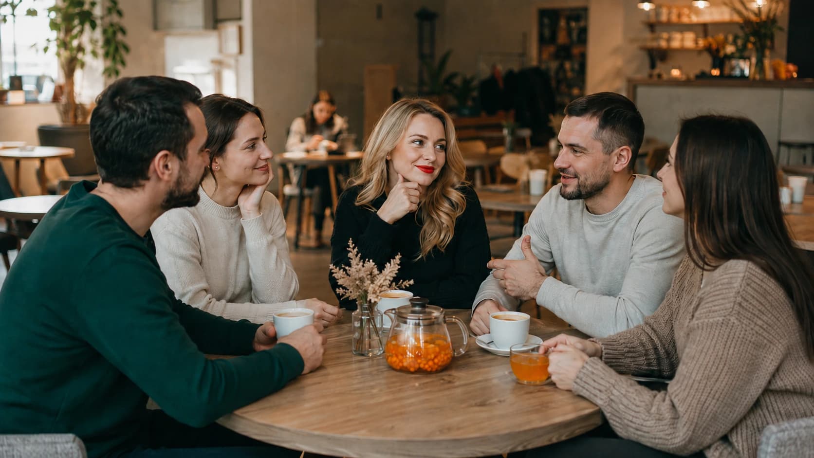 Небольшая компания за кофе в кофейне
